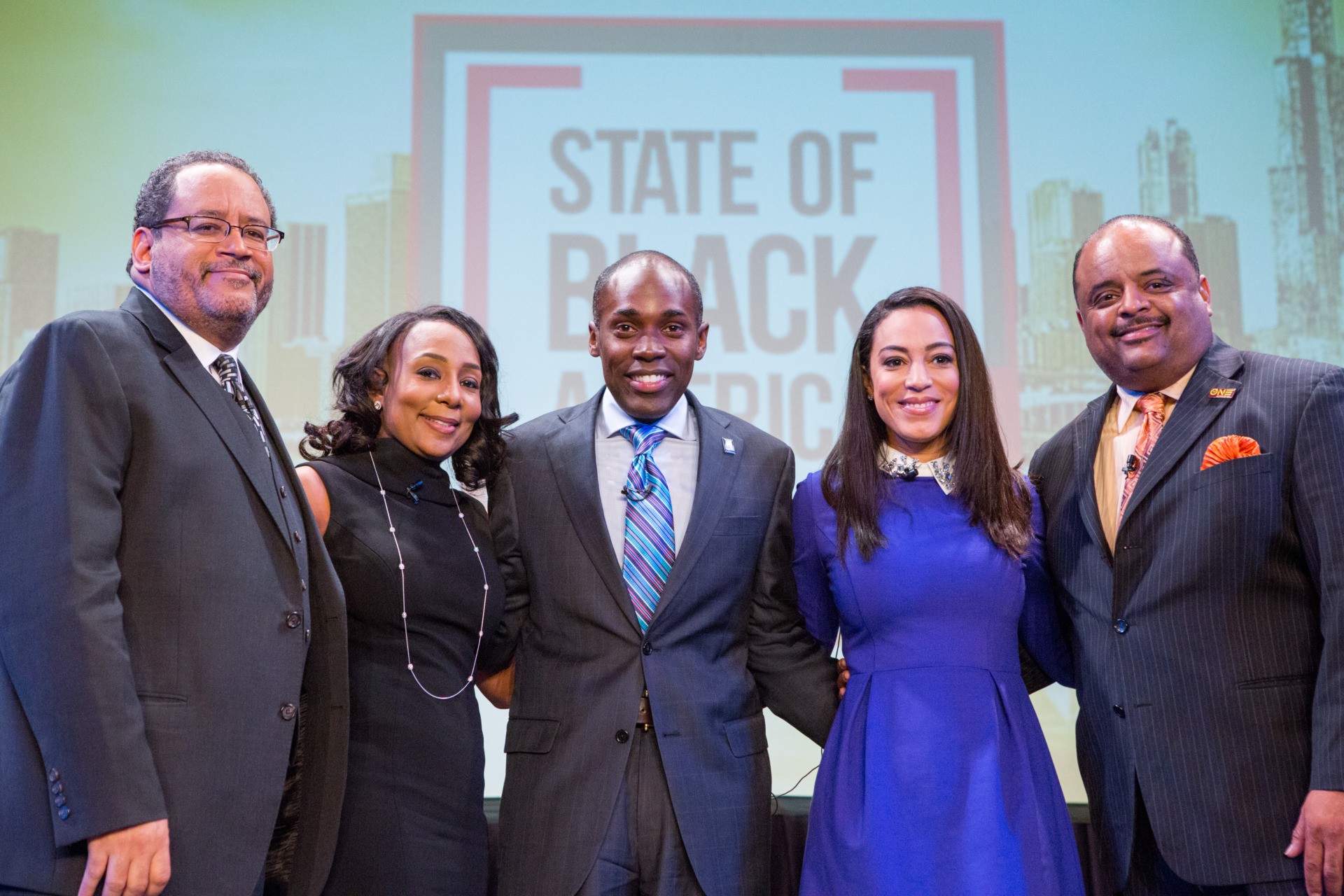 IMAGE DISTRIBUTED FOR TV ONE - Left to right, panelists Dr. Michael Eric Dyson, Georgetown University professor and author, Angela Sailor, former director of the Coalition Department at the RNC, Paris Dennard, political commentator, Angela Rye, political commentator and analyst, and moderator Roland Martin, Managing Editor and Host of NewsOne Now, stand onstage at The State of Black America Town Hall taping presented by TV One and the National Urban League at the Howard Theater on Tuesday, May 2, 2017, in Washington, D.C. The two-hour special will premiere Wednesday, May 31 at 8 p.m. ET on TV One. (Allison Shelley/AP Images for TV One)