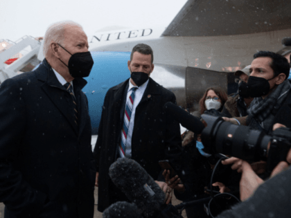 US President Joe Biden speaks to the press about the situation in Ukraine, after arriving on Air Force One at Joint Base Andrews in Maryland, January 28, 2022. - Biden is returning following a trip to Pittsburgh, Pennsylvania to speak about the economy and visit the site of a bridge …