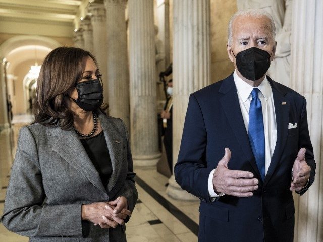 WASHINGTON, DC - JANUARY 06: President Joe Biden speaks to the media as he departs with Vice President Kamala Harris after they spoke at the U.S. Capitol on January 6, 2022, in Washington, DC. One year ago, supporters of President Donald Trump attacked the U.S. Capitol Building in an attempt …