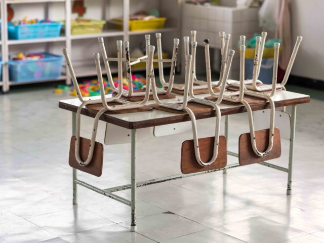Old chairs on table with many blurred toys and study equipments of kindergarten room. empty classroom without any student. End of school semester concept. (Getty)