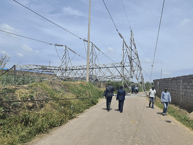 Managing Director and CEO (Ag.), Eng. Rosemary Oduor accompanied by Security Manager, Mj. (Rtd.) Geoffrey Kigen and General Manager (Ag.), Infrastructure Development, Eng. Raphael Ndolo inspecting a section of the collapsed high voltage transmission line earlier today.