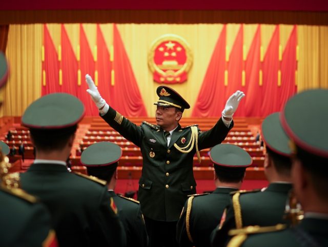 BEIJING, CHINA - MARCH 05: Chinese military conductor gestures as he instructs his music band members during a rehearsal for the opening session of the National People's Congress at the Great Hall of the People on March 5, 2019 in Beijing, China. According to the government work report, the main …