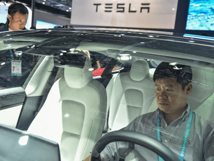 A man is seen inside of a Tesla car during the second China International Import Expo in S