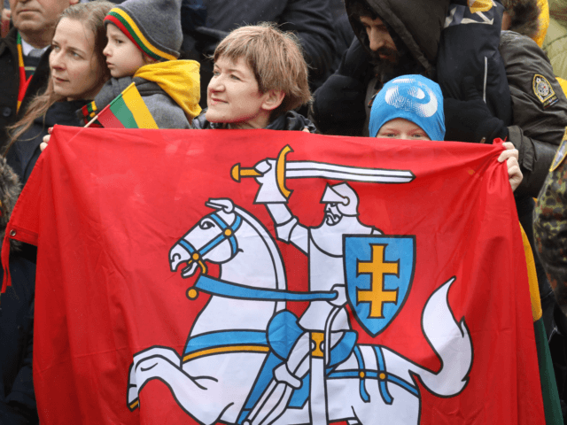 People hold a flag depicting Lithuania's coat of arms, also known as Vytis, during a parad