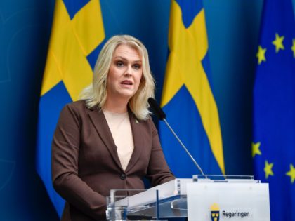 Sweden's Minister for Health and Social Affairs Lena Hallengren gives a press confere