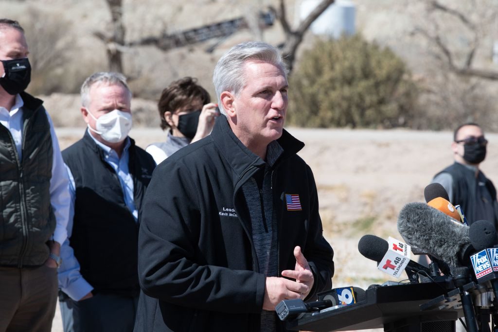 House Minority Leader Kevin McCarthy addresses the press during the congressional border delegation visit to El Paso, Texas on March 15, 2021. - President Joe Biden faced mounting pressure Monday from Republicans over his handling of a surge in migrants -- including thousands of unaccompanied children -- arriving at the US-Mexican border. Republican Congressman Kevin McCarthy of California, who leads his party in the House of Representatives, told reporters last week the "crisis at the border is spiraling out of control.""It's entirely caused by the actions of this administration," said McCarthy. (Photo by Justin Hamel / AFP) (Photo by JUSTIN HAMEL/AFP via Getty Images)