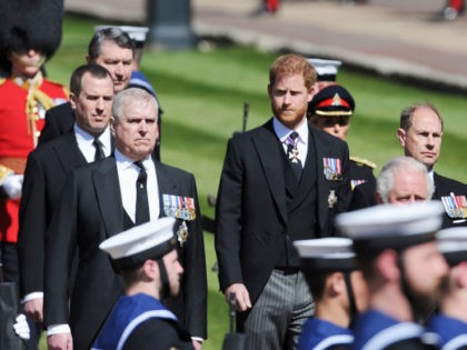 WINDSOR, ENGLAND - APRIL 17: Prince Charles, Prince of Wales; Prince Edward, Earl of Wessex; Prince Andrew, Duke of York; Prince Harry, Duke of Sussex; Peter Phillips; Prince William, Duke of Cambridge and other royal family members walk behind The Duke of Edinburgh’s coffin, covered with His Royal Highness’s Personal …