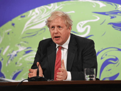 LONDON, ENGLAND - APRIL 22: Britain's Prime Minister Boris Johnson speaks during the opening session of the virtual US Leaders Summit on Climate from the Downing Street Briefing Room on April 22, 2021 in London, England. (Photo by Justin Tallis - WPA Pool/Getty Images)