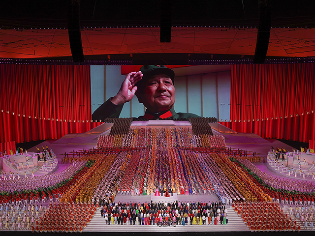 A large screen showing communist leader Deng Xiaoping during the art performance celebrating the 100th anniversary of the Founding of the Communist Party of China on June 28, 2021 in Beijing, China. Ahead of the 100th anniversary of the party founding on July 1. Final preparations for events to mark …