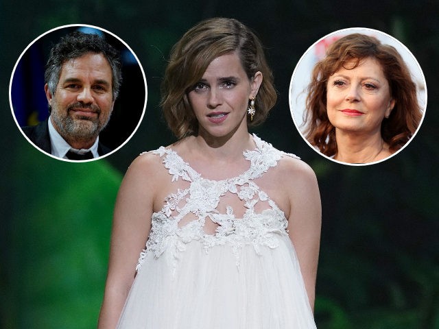 (INSETS: Mark Ruffalo, Susan Sarandon) Emma Watson on stage during the first Earthshot Prize awards ceremony at Alexandra Palace on October 17, 2021 in London, England. (Photo by Yui Mok - WPA Pool/Getty Images)