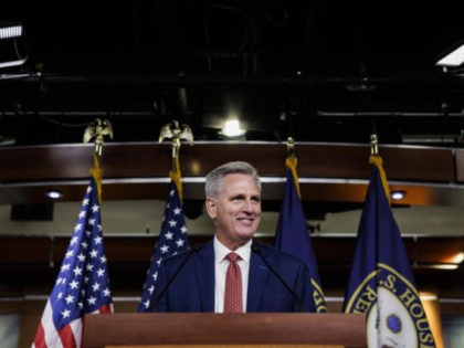 WASHINGTON, DC - OCTOBER 28: House Minority Leader Kevin McCarthy (R-CA) holds his weekly news conference in the Capitol Visitors Center at the U.S. Capitol building on October 28, 2021 in Washington, DC. McCarthy criticized Democrats continued struggles to come to an agreement on President Bidens social and infrastructure spending …
