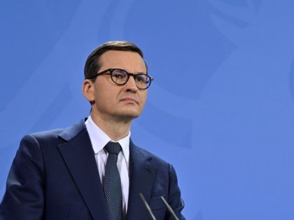 BERLIN, GERMANY - NOVEMBER 25: Polish Prime Minister Mateusz Morawiecki looks on during a joint press conference with the German Chancellor after talks on November 25, 2021 in Berlin, Germany. (Photo by John MacDougall - Pool/Getty Images)