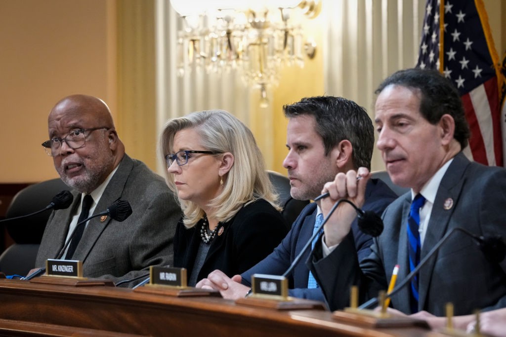 WASHINGTON, DC - DECEMBER 1: (L-R) Rep. Bennie Thompson (D-MS), chair of the select committee investigating the January 6 attack on the Capitol, speaks as Rep. Liz Cheney (R-WY), vice-chair of the select committee investigating the January 6 attack on the Capitol, Rep. Adam Kinzinger (R-IL) and Rep. Jamie Raskin (D-MD) listen during a committee meeting on Capitol Hill on December 1, 2021 in Washington, DC. The committee voted unanimously to recommend contempt of Congress charges for former Department of Justice official Jeffrey Clark for defying his subpoena by refusing to answer questions and failing to hand over documents to the committee. (Photo by Drew Angerer/Getty Images)