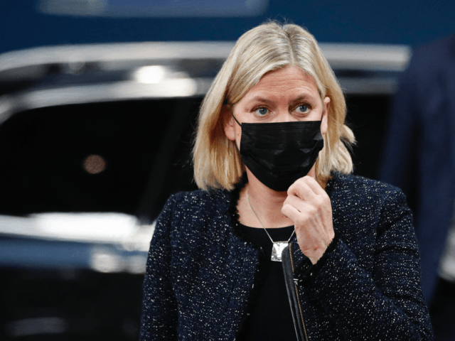 Sweden's Prime Minister Magdalena Andersson arrives to attend an European Union Summit with all 27 EU leaders at The European Council Building in Brussels on December 16, 2021. - The lightning spread of Omicron in Europe and elsewhere has added a sense of urgency to an EU summit on December …