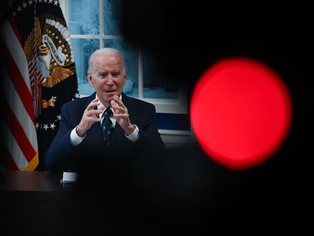 US President Joe Biden speaks as he meets virtually from Executive Office Building on January 3, 2022 with family and independent farmers and ranchers to discuss his Administration's work to boost competition and reduce prices in the meat-processing industry.(Photo by ROBERTO SCHMIDT/AFP via Getty Images)
