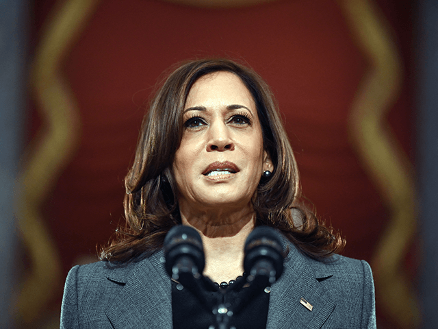 US Vice President Kamala Harris speaks at the US Capitol on January 6, 2022, to mark the anniversary of the attack on the Capitol in Washington, DC. - Thousands of supporters of then-president Donald Trump stormed the Capitol on January 6, 2021, in a bid to prevent the certification of …