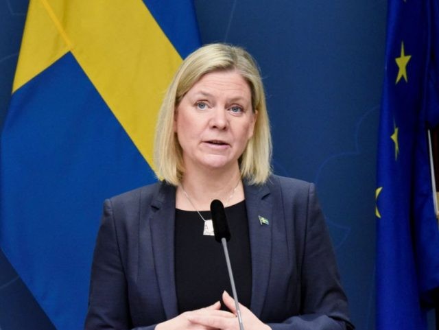 Sweden's Prime Minister Magdalena Andersson speaks during a press conference in Stock