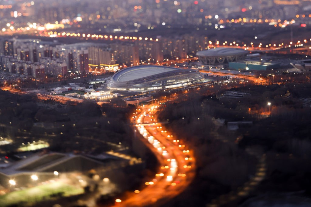BEIJING, CHINA - JANUARY 16:  (EDITOR'S NOTE: This image was created with a tilt and shift lens)  A general view the National Speed Skating Oval at Beijing Olympic Tower on January 16, 2022 in Beijing, China. The Beijing 2022 Winter Olympics are set to open February 4th.  (Photo by Lintao Zhang/Getty Images)