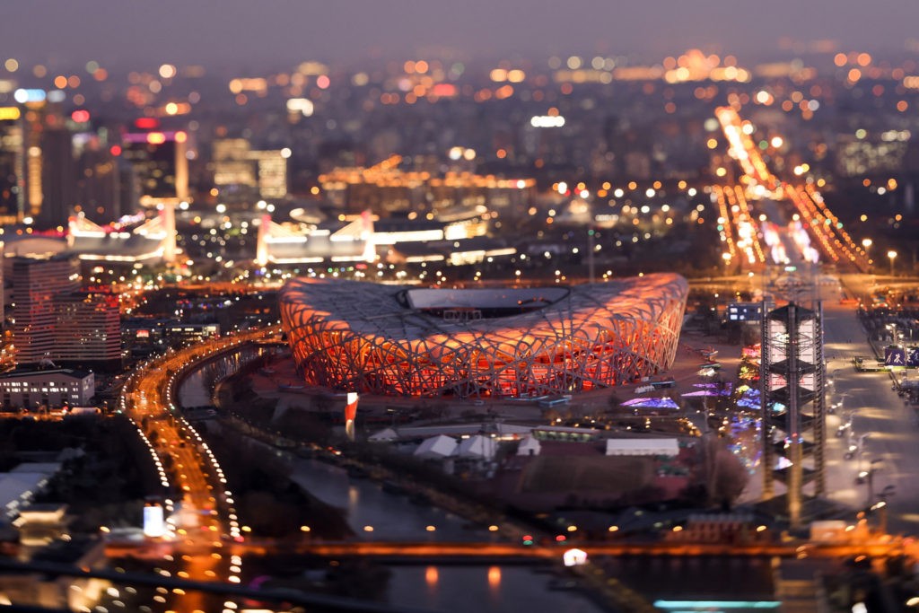 BEIJING, CHINA - JANUARY 16: (EDITOR'S NOTE: This image was created with a tilt and shift lens) A general view the Birds Nest stadium, the venue for opening and closing ceremonies for the 2022 Winter Olympics at Beijing Olympic Tower on January 16, 2022 in Beijing, China. The Beijing 2022 Winter Olympics are set to open February 4th. (Photo by Lintao Zhang/Getty Images)