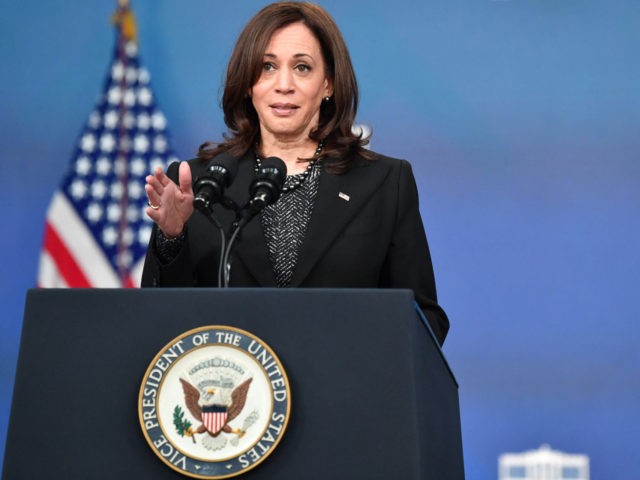 US Vice President Kamala Harris speaks in the South Court Auditorium of the White House in Washington, DC, on January 17, 2022. - Harris is delivering virtual remarks to the Historic Ebenezer Baptist Church for their Martin Luther King, Jr. Beloved Community Commemorative Service. (Photo by Nicholas Kamm / AFP) …