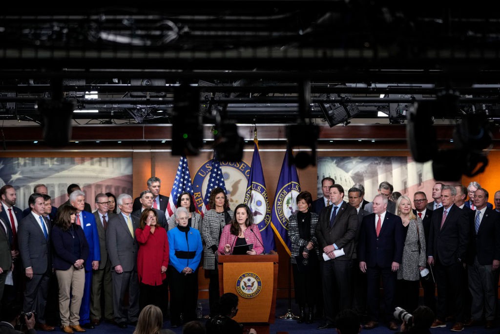 WASHINGTON, DC - JANUARY 20: Chair of the House Republican Conference Rep. Elise Stefanik (R-NY) speaks during a news conference with fellow House Republicans at the U.S. Capitol on January 20, 2022 in Washington, DC. The news conference focused on critiques of President Joe Bidens first year in office. (Photo by Drew Angerer/Getty Images)