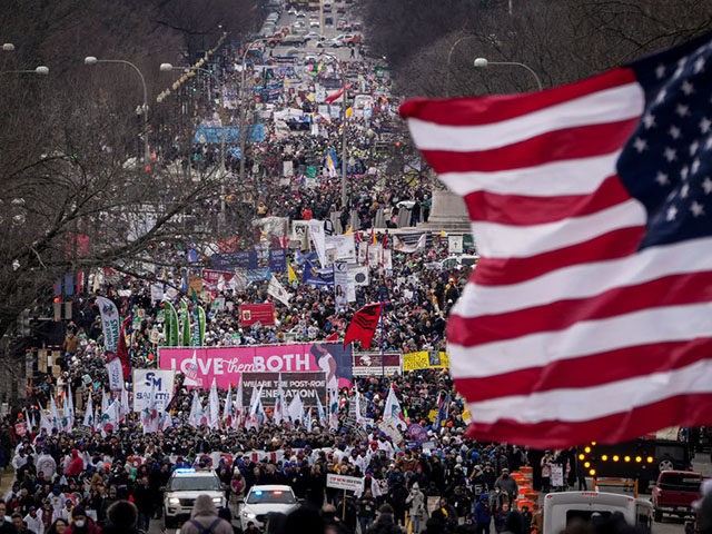 WASHINGTON, DC - JANUARY 21: Thousands of anti-abortion activists march along Constitution Avenue during the 49th annual March for Life rally on January 21, 2022 in Washington, DC. The rally draws activists from around the country who are calling on the U.S. Supreme Court to overturn the Roe v. Wade …
