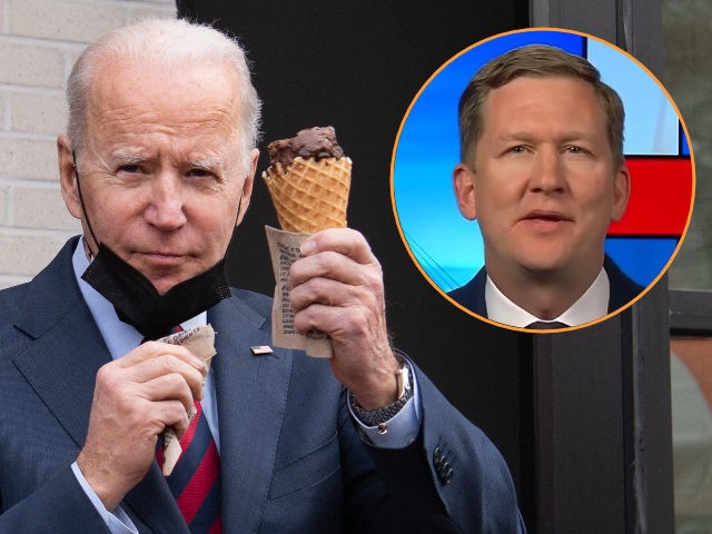 (INSET: Guy Cecil of Priorities USA) US President Joe Biden carries an ice cream cone as he leaves Jeni's Ice Cream in Washington, DC, on January 25, 2022. (Photo by Saul Loeb/AFP via Getty Images, Inset: MSNBC)