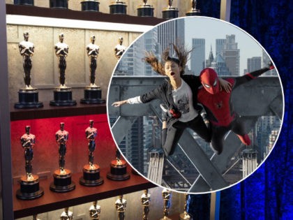 (INSET: Tom Holland and Zendaya in "Spider-Man: No Way Home") In this handout photo provided by A.M.P.A.S., Academy Awards Oscar trophies are displayed backstage during the 93rd Annual Academy Awards at Union Station on April 25, 2021 in Los Angeles, California. (Photo by Richard Harbaugh/A.M.P.A.S. via Getty Images)