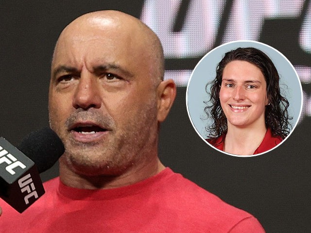 (INSET: Lia Thomas) UFC commentator Joe Rogan announces the fighters during a ceremonial weigh in for UFC 264 at T-Mobile Arena on July 09, 2021 in Las Vegas, Nevada. (Photo by Stacy Revere/Getty Images)