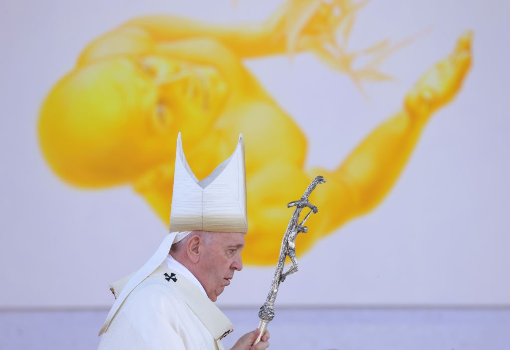 Pope Francis arrives to lead an open-air mass on September 15, 2021 in Sastin, Slovakia. Only fully vaccinated and a limited number of tested worshippers have been allowed to attend public gatherings on this occasion. (Photo by Sean Gallup/Getty Images)