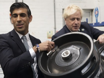 LONDON, ENGLAND - OCTOBER 27: British Prime Minister Boris Johnson and Britain's Chancellor of the Exchequer Rishi Sunak visit 'Fourpure Brewery' in Bermondsey on October 27, 2021 in London, England. Earlier in the day, Sunak presented the government's budget, and how to "deliver a stronger economy for the British people", …