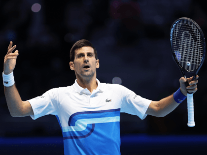 TURIN, ITALY - NOVEMBER 20: Novak Djokovic of Serbia reacts during the Men's Single's Second Semi-Final match between Novak Djokovic of Serbia and Alexander Zverev of Germany on Day Seven of the Nitto ATP World Tour Finals at Pala Alpitour on November 20, 2021 in Turin, Italy. (Photo by Julian …