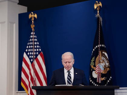 U.S. President Joe Biden pauses as he starts to give remarks on his administration's response to the surge in COVID-19 cases across the country from the South Court Auditorium in the Eisenhower Executive Office Building on January 13, 2022 in Washington, DC. During the remarks President Biden urged unvaccinated individuals …