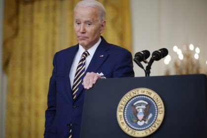 WASHINGTON, DC - JANUARY 19: U.S. President Joe Biden answers questions during a news conference in the East Room of the White House on January 19, 2022, in Washington, DC. With his approval rating hovering around 42 percent, Biden is approaching the end of his first year in the Oval …