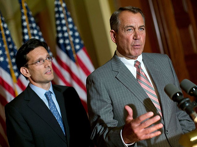 WASHINGTON, DC - JUNE 08: U.S. Speaker of the House John Boehner (R-OH) (R) and House Majoirty Leader Eric Cantor (R-VA) (L) respond to U.S. President Barack Obama's remarks on the U.S. economy June 8, 2012 in Washington, DC. During Cantor's remarks, Cantor said, "Did he see the job numbers that came out last week? The private sector is not doing fine. And, frankly, I'd ask the president to stop engaging in the blame game." (Photo by Win McNamee/Getty Images)