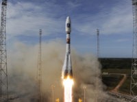 KOUROU, FRENCH GUIANA - OCTOBER 12: In this handout image supplied by the European Space Agency (ESA), the Soyuz rocket lifts off for the third time from Europe's Spaceport in French Guiana on its mission to place the second pair of Galileo In-Orbit Validation satellites into orbit, on October 12, …