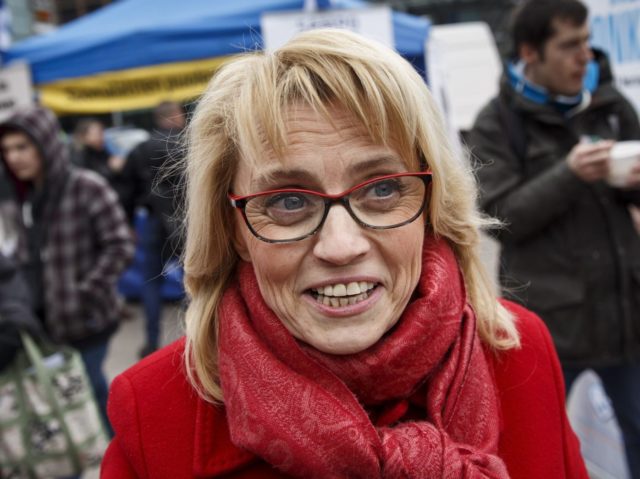 Chairwoman Päivi Räsänen of the Christian Democrats campaigns in Helsinki, Finland on April 18, 2015 ahead of the parliamentary elections to take place on Sunday, April 19, 2015. Finns go to the polls on Sunday in legislative elections widely expected to oust the country's left-right coalition amid growing discontent over …