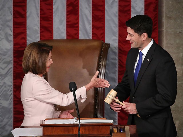 WASHINGTON, DC - JANUARY 03: House Minority Leader Nancy Pelosi (D-CA), hands the Speakers gavel to newly elected House Speaker Paul Ryan (R-WI), in the House Chamber, January 3, 2017 in Washington, DC. Today the House of Representatives reconvened with the start of the 115th Congress. (Photo by Mark Wilson/Getty Images)