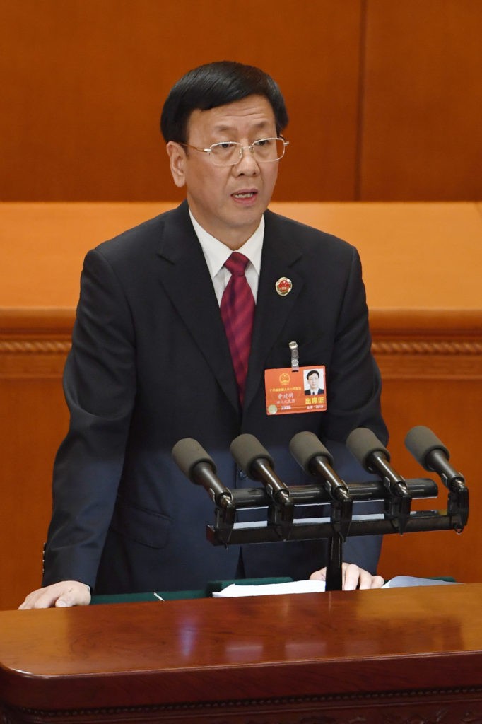 Cao Jianming, procurator-general of Supreme People's Procuratorate, delivers the work report during the second plenary session of the first session of the 13th National People's Congress (NPC) at the Great Hall of the People in Beijing on March 9, 2018. / AFP PHOTO / GREG BAKER        (Photo credit should read GREG BAKER/AFP via Getty Images)