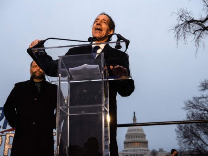 US Democratic Representative from Maryland Jamie Raskin speaks as people gather on the National Mall to mark the first anniversary of the assault on the US Capitol in Washington, DC, on January 6, 2022. (Photo by Nicholas Kamm / AFP) (Photo by NICHOLAS KAMM/AFP via Getty Images)