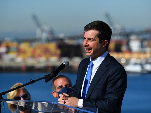 US Department of Transportation Secretary Pete Buttigieg speaks after a tour of the Ports of Los Angeles and Long Beach during a press conference at the Port of Long Beach on January 11, 2022 in Long Beach, California. (Photo by Patrick T. FALLON / AFP) (Photo by PATRICK T. FALLON/AFP via Getty Images)