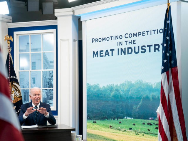 WASHINGTON, DC - JANUARY 03: U.S. President Joe Biden speaks during a virtual meeting about reducing the costs of meat through increased competition in the meat processing industry in the South Court Auditorium at the Eisenhower Executive Office Building on January 3, 2022 in Washington, DC. President Biden heard from …