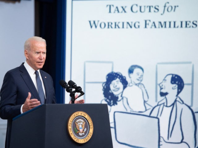 US President Joe Biden speaks about the Child Tax Credit relief payments that are part of the American Rescue Plan during an event in the Eisenhower Executive Office Building in Washington, DC, July 15, 2021. - The tax credit are schedule to start going out to families on July 15. …
