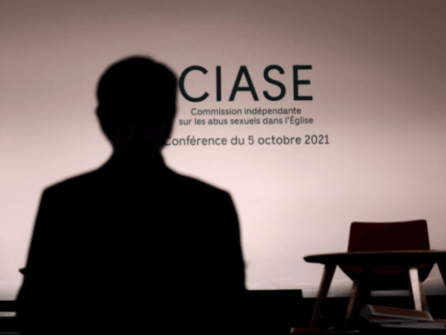 A picture taken in Paris on October 4, 2021 shows a view of a press conference room on the eve of the handover of the Ciase report into sexual abuse by church officials. - Some 3,000 paedophiles have operated inside the French Catholic Church since 1950, the head of Independent …