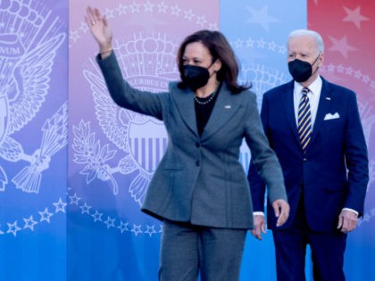 Vice President Kamala Harris (L) and President Joe Biden arrive to speak about the constitutional right to vote at the Atlanta University Center Consortium in Atlanta, Georgia on January 11, 2022. (Photo by JIM WATSON/AFP via Getty Images)