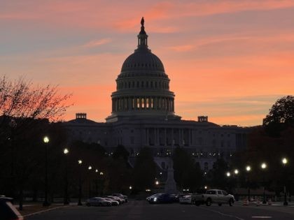 Red Capitol at dawn (Joel Pollak / Breitbart News)