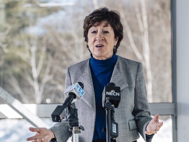 WESTBROOK, ME - JANUARY 26: Senator Susan Collins (R-ME) briefs the press after touring the Abbott Coronavirus (COVID-19) Test Manufacturing Plant on January 26, 2022 in Westbrook, Maine.