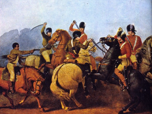 1781: American soldier Colonel Wiliam Washington fighting in hand to hand combat with British dragoon Lieutenant Colonel Banastre Tarleton along the Green River Road during the Battle of Cowpens. Colonel Washington's Bugler (left) is shooting one of Tarleton's officers. (Photo by MPI/Getty Images)