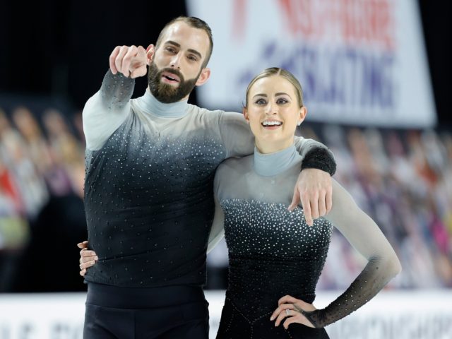 LAS VEGAS, NEVADA - JANUARY 16: Ashley Cain-Gribble and Timothy LeDuc react after competing in the pairs free skate program during the U.S. Figure Skating Championships at the Orleans Arena on January 16, 2021 in Las Vegas, Nevada. (Photo by Tim Nwachukwu/Getty Images)