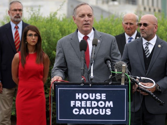 WASHINGTON, DC - AUGUST 31: Chair of the Freedom Caucus U.S. Andy Biggs (R-AZ) (3rd L) spe